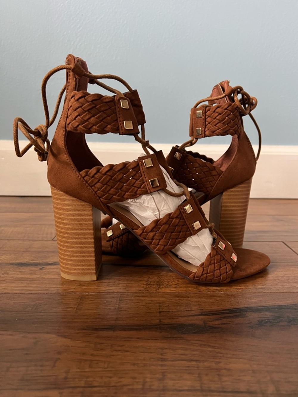 Leila Stone Braided Lace-Up Block Heel Sandals - size 7